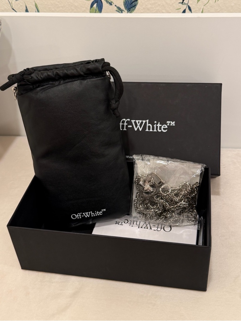 Off-White Black Drawstring Pouch with Added Silver Chain Accessory